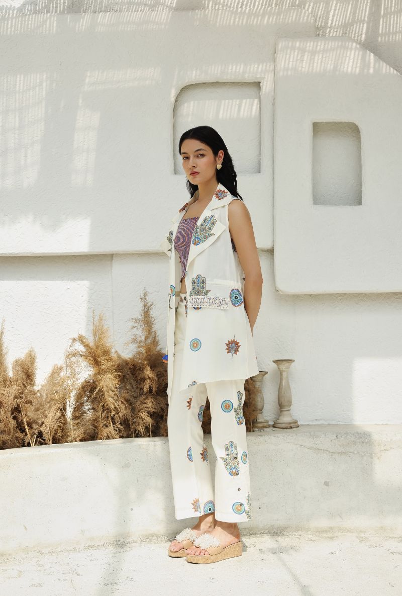 Ivory Hamza Print Gaze Jacket Set