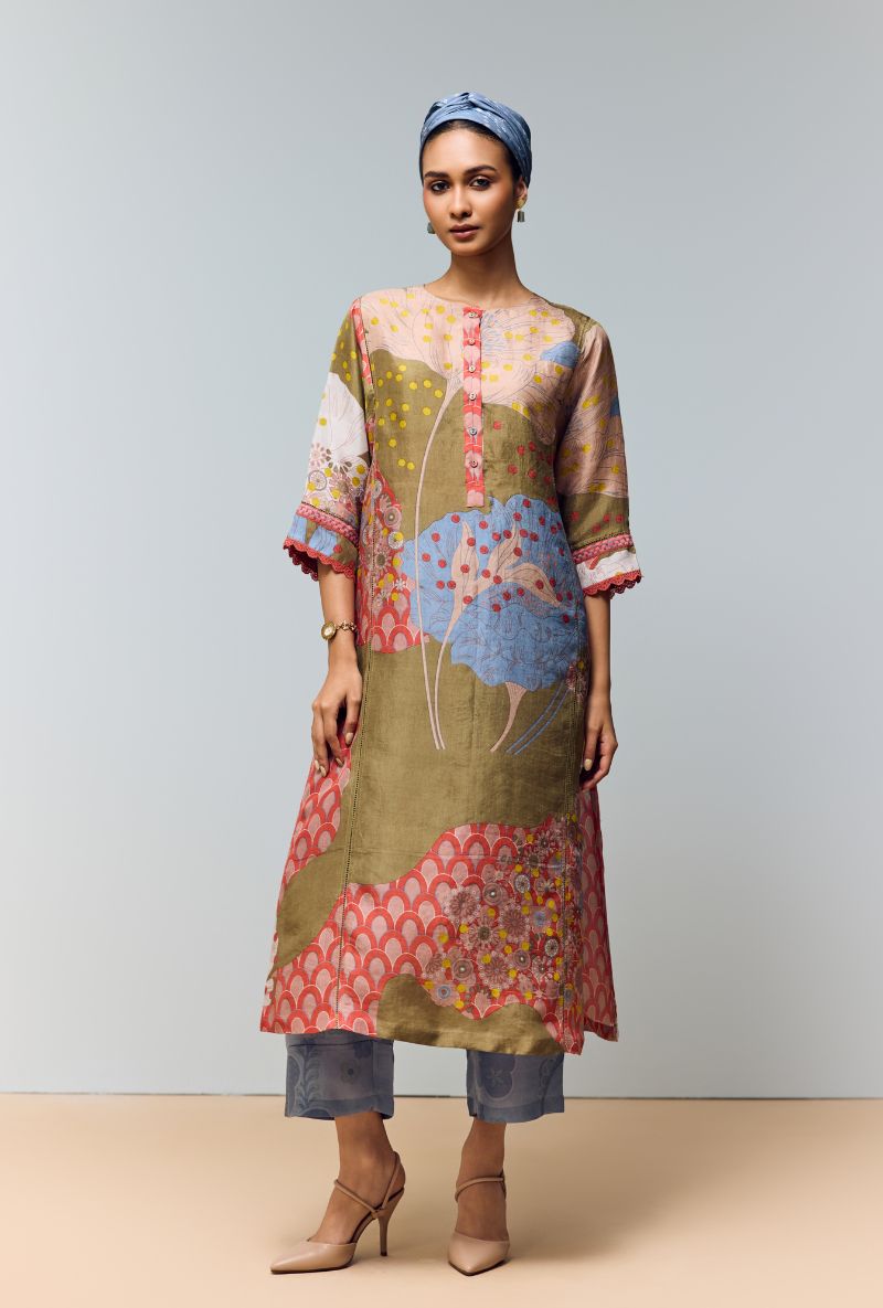 Ice Blue Hand Printed Half Placket  Eden Co-Ord Set