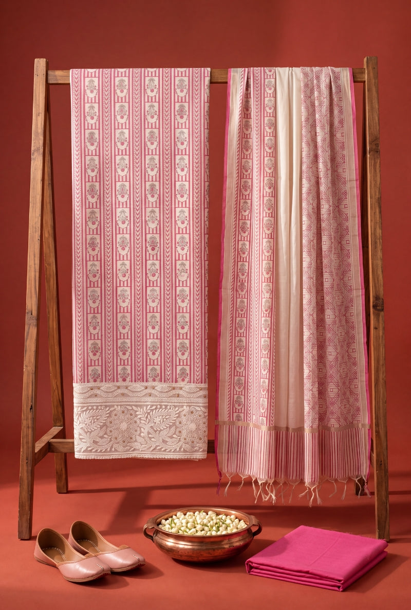 Stripes Floral Block Print All Over Unstitched Suit Set