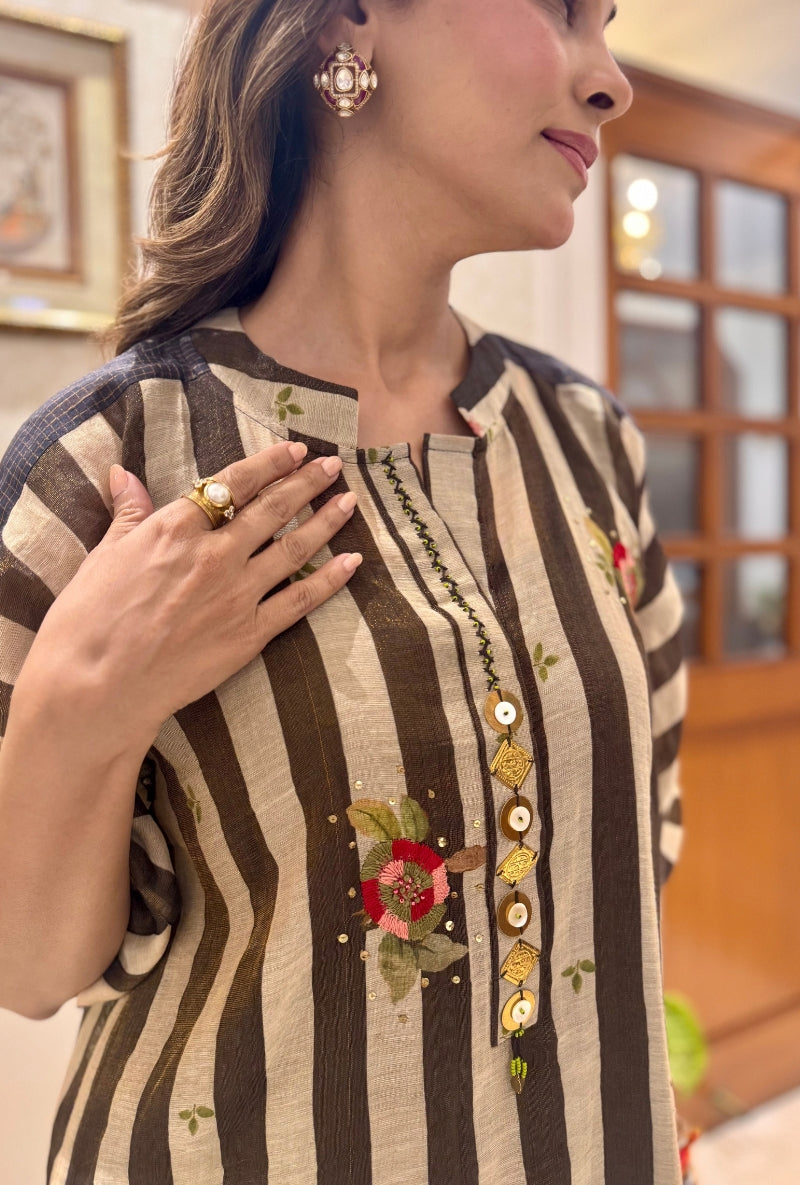 Meghna Nayyar in Brown Stripes Thread Work Co-ord Set