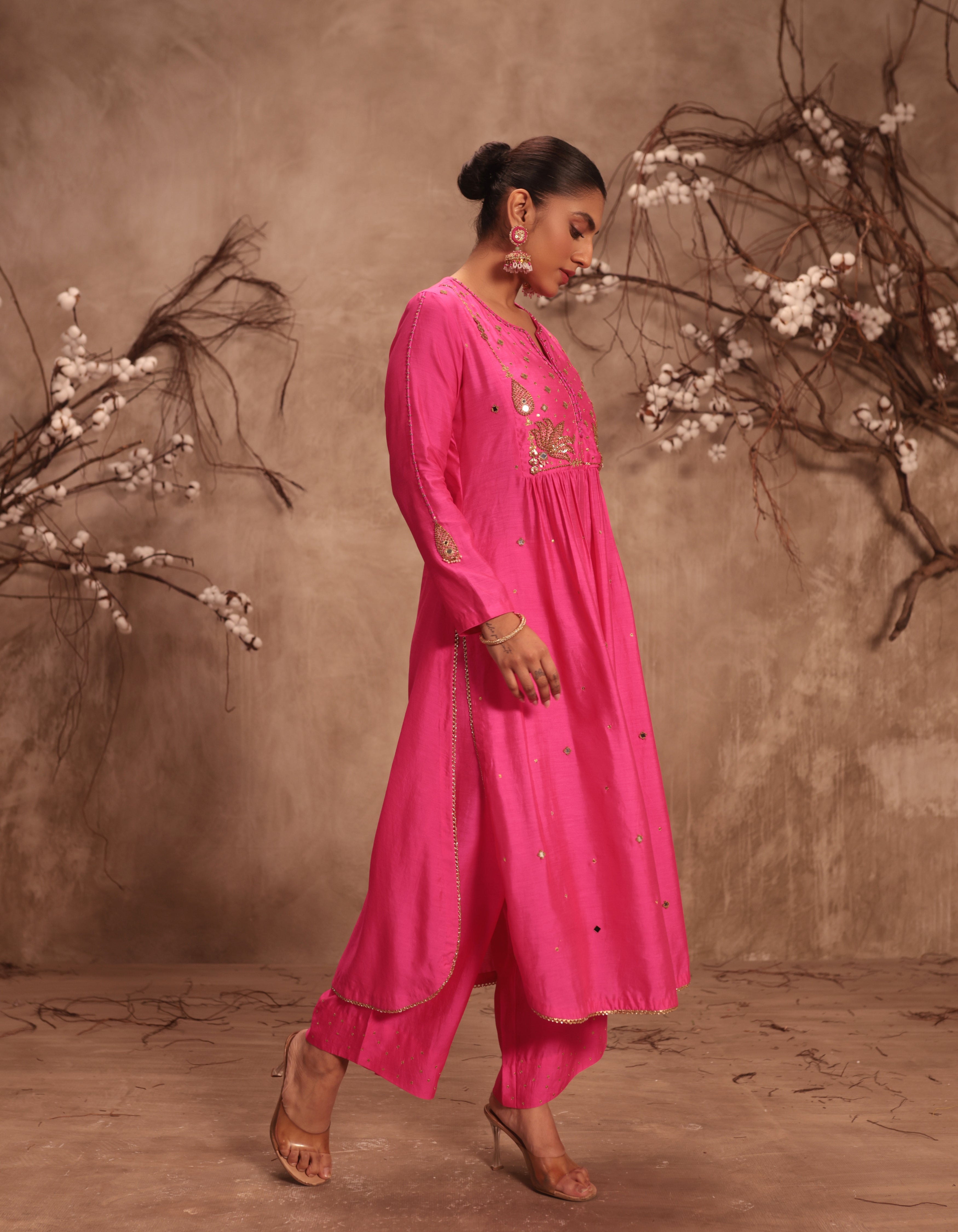 Hot Pink Frockstyle Rani Kurta Set