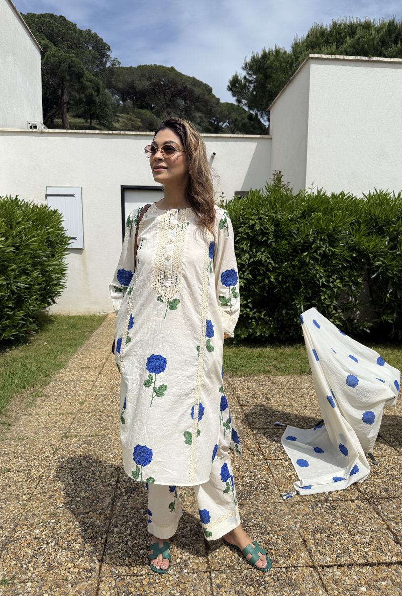 Meghna Nayyar in Off White Rose Print Bulbul Kurta Set
