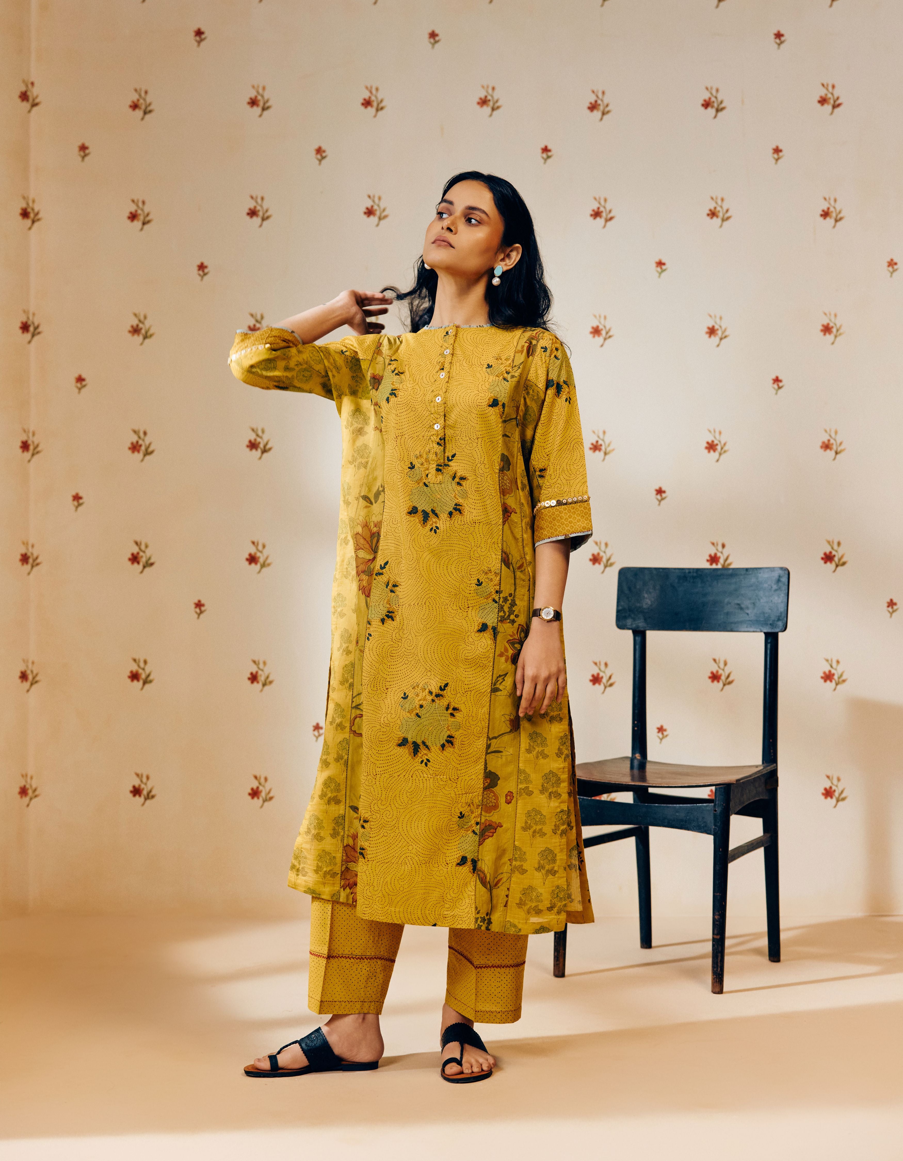 Mustard Hand Block Printed Multi Panel Mia Kurta Set
