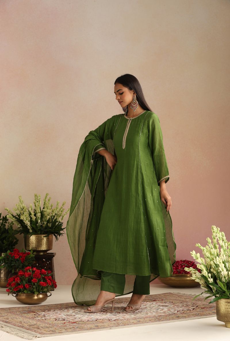 Olive Green Cheeta Work Itrh Kurta Set