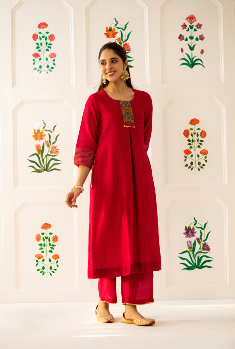 Pink Double Box Pleat Kishmish Kurta Set