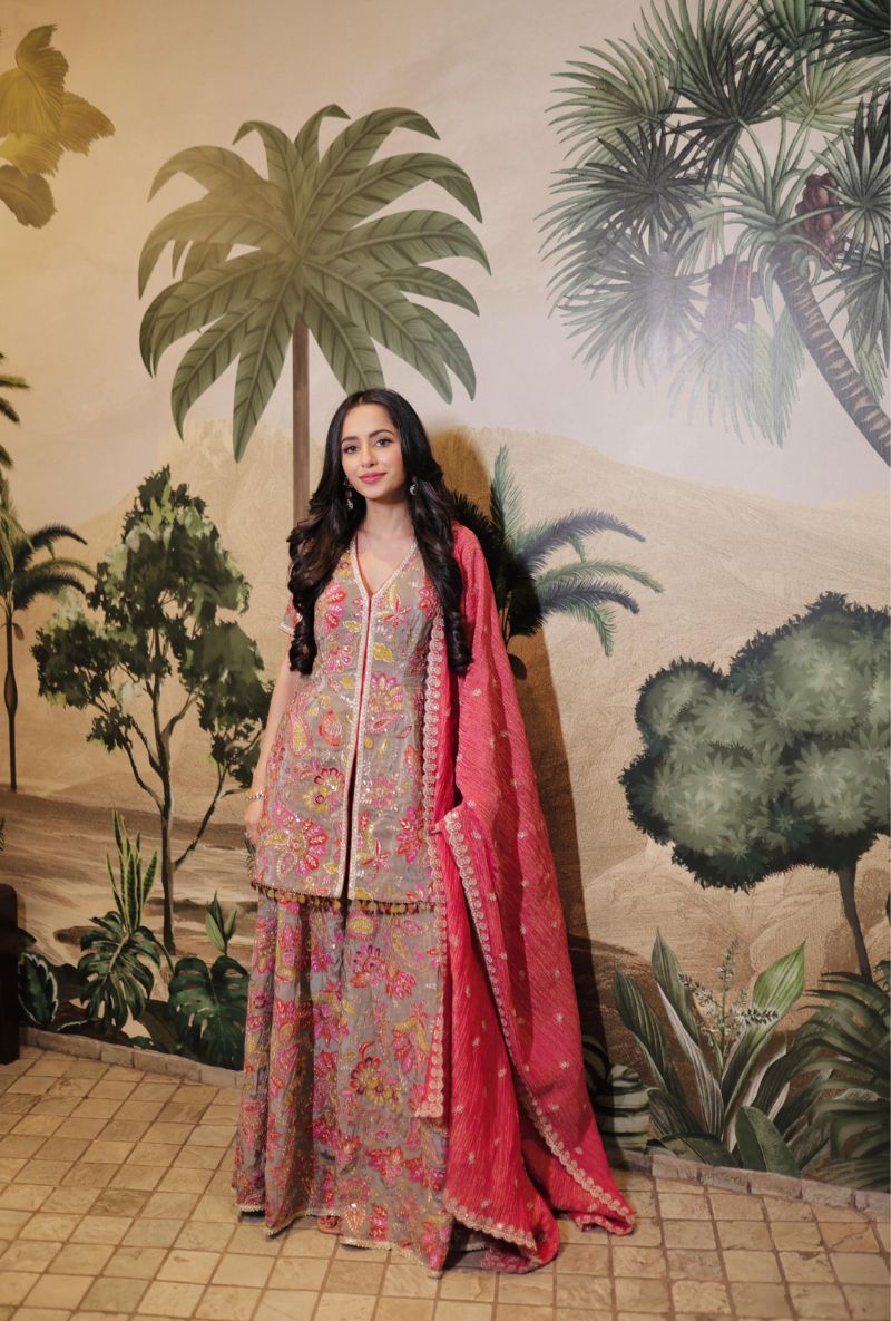 Soumya Puri in Grey All Over Printed Rumi Gharara Set