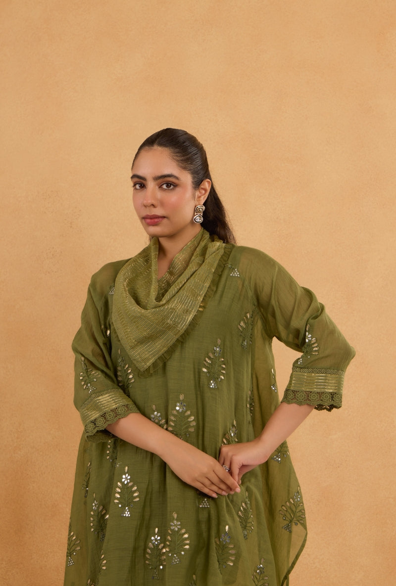 Forest Green Asymmetric Embroidered Cowl Surily 2.0 Co-Ord Set – Misri ...