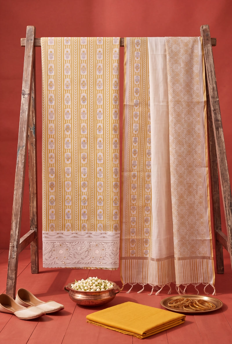 Stripes Floral Block Print All Over Unstitched Suit Set