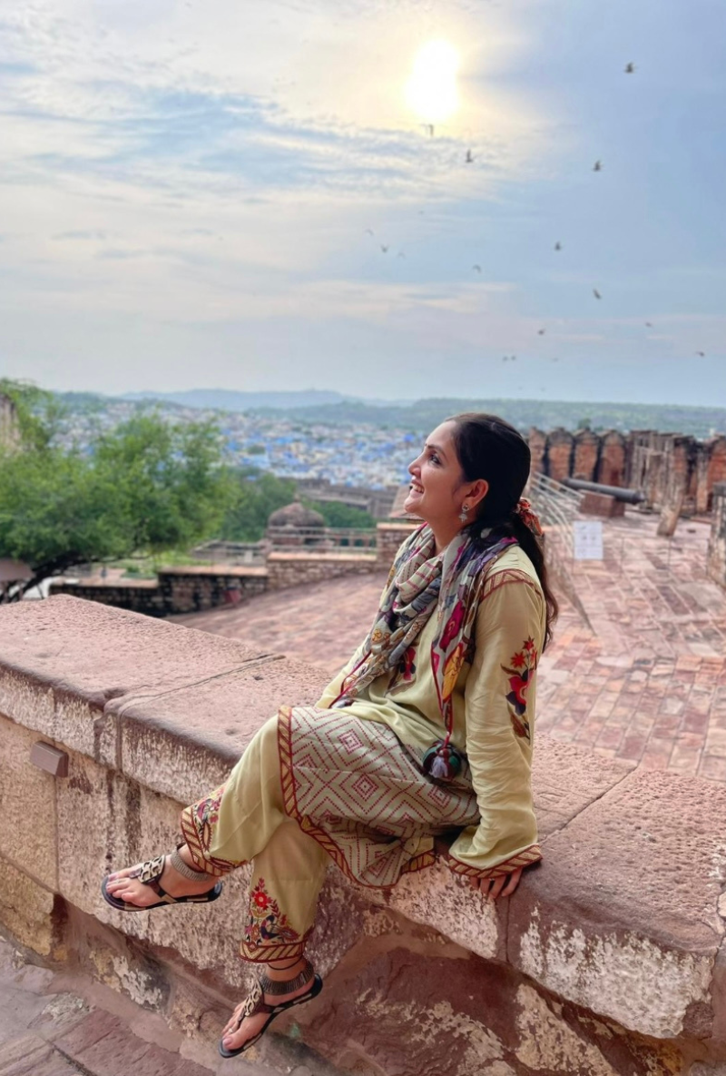 Madhuri Grover in Earth Green Side Gathered Noorie Kurta Set