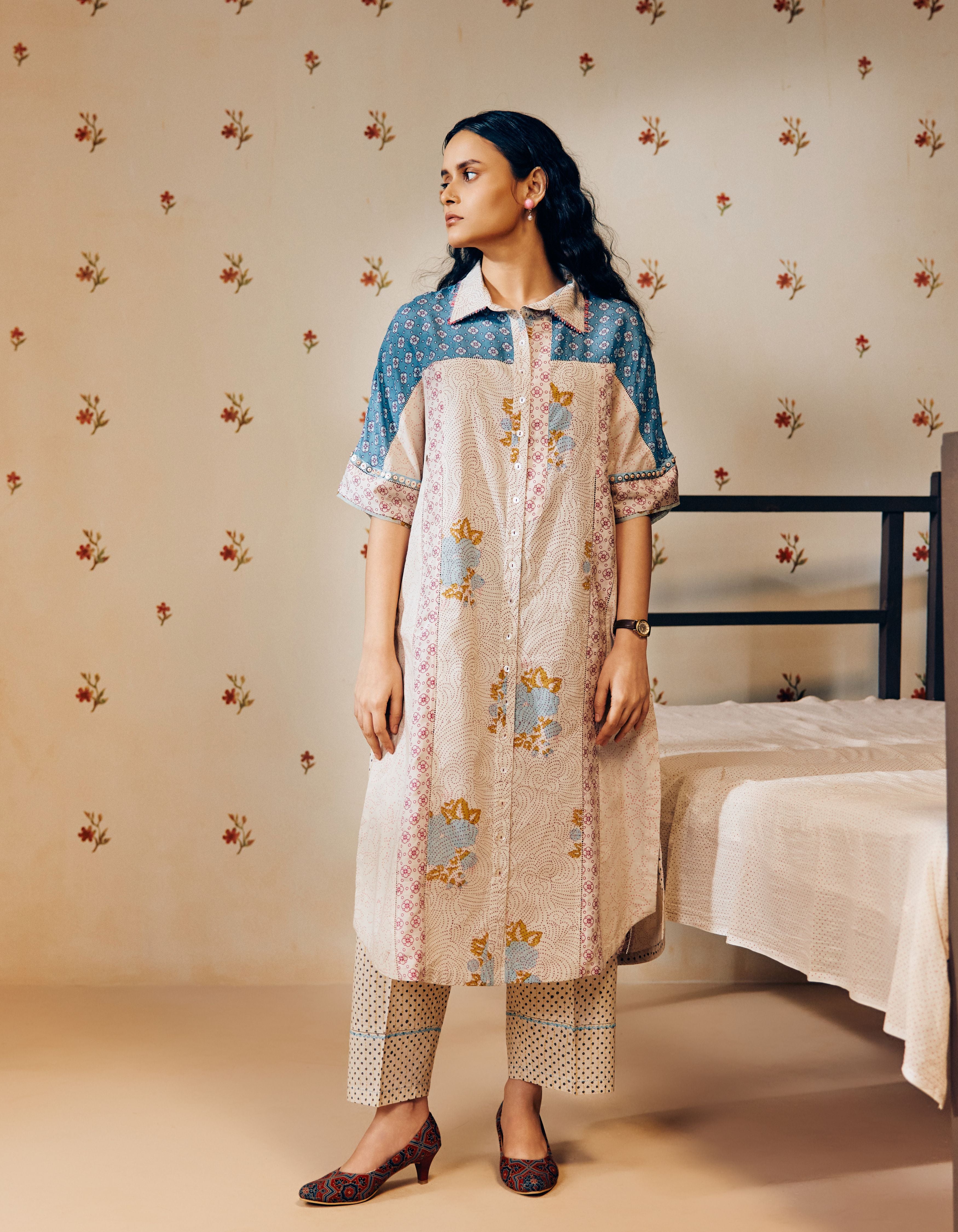 Off-White Long Shirt Hand Block Printed Mia Kurta Set