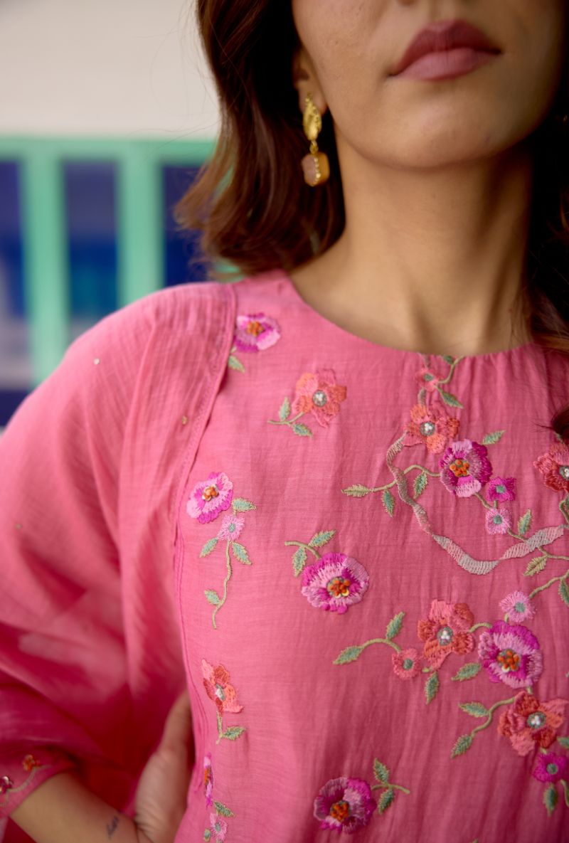 Pink Floral Embroidered &amp; Pintucks Vaidehi Kurta Set