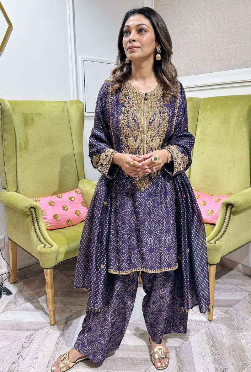 Meghna Nayyar in Purple Printed Pheran Short Kurta Set