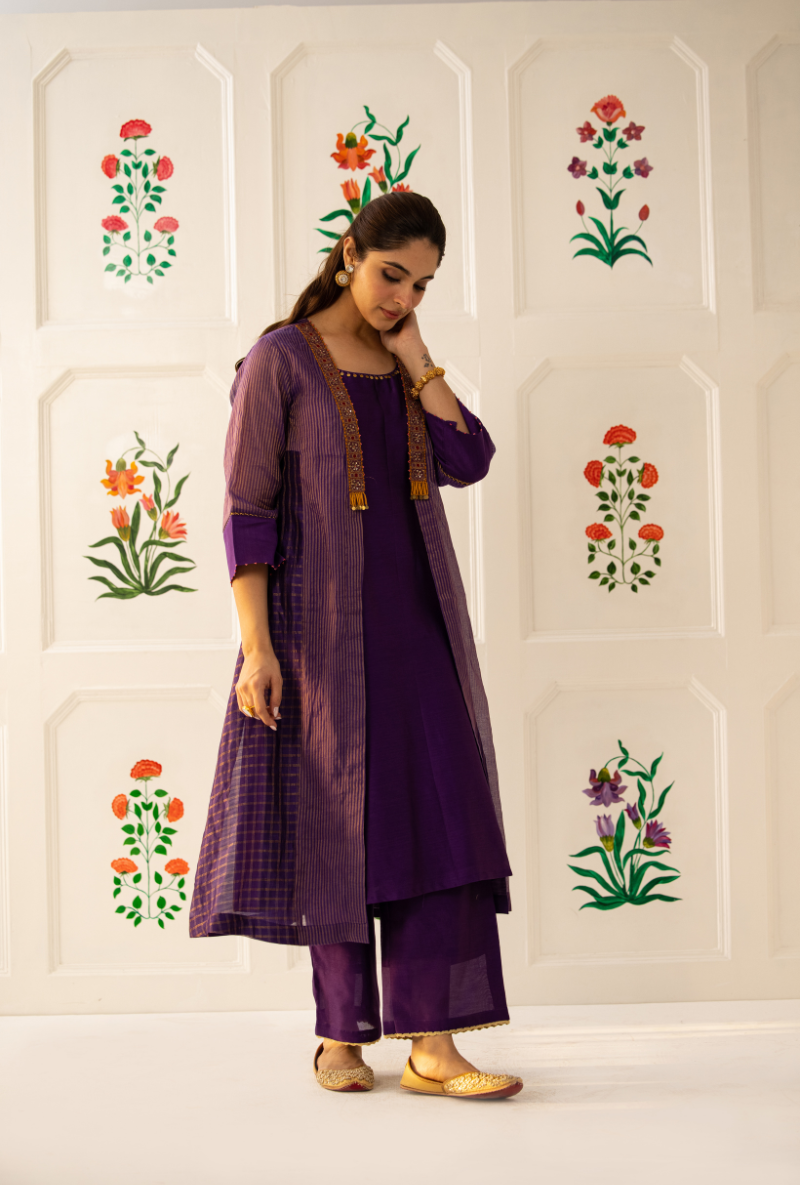 Purple Check And Stripe Kishmish Jacket Set