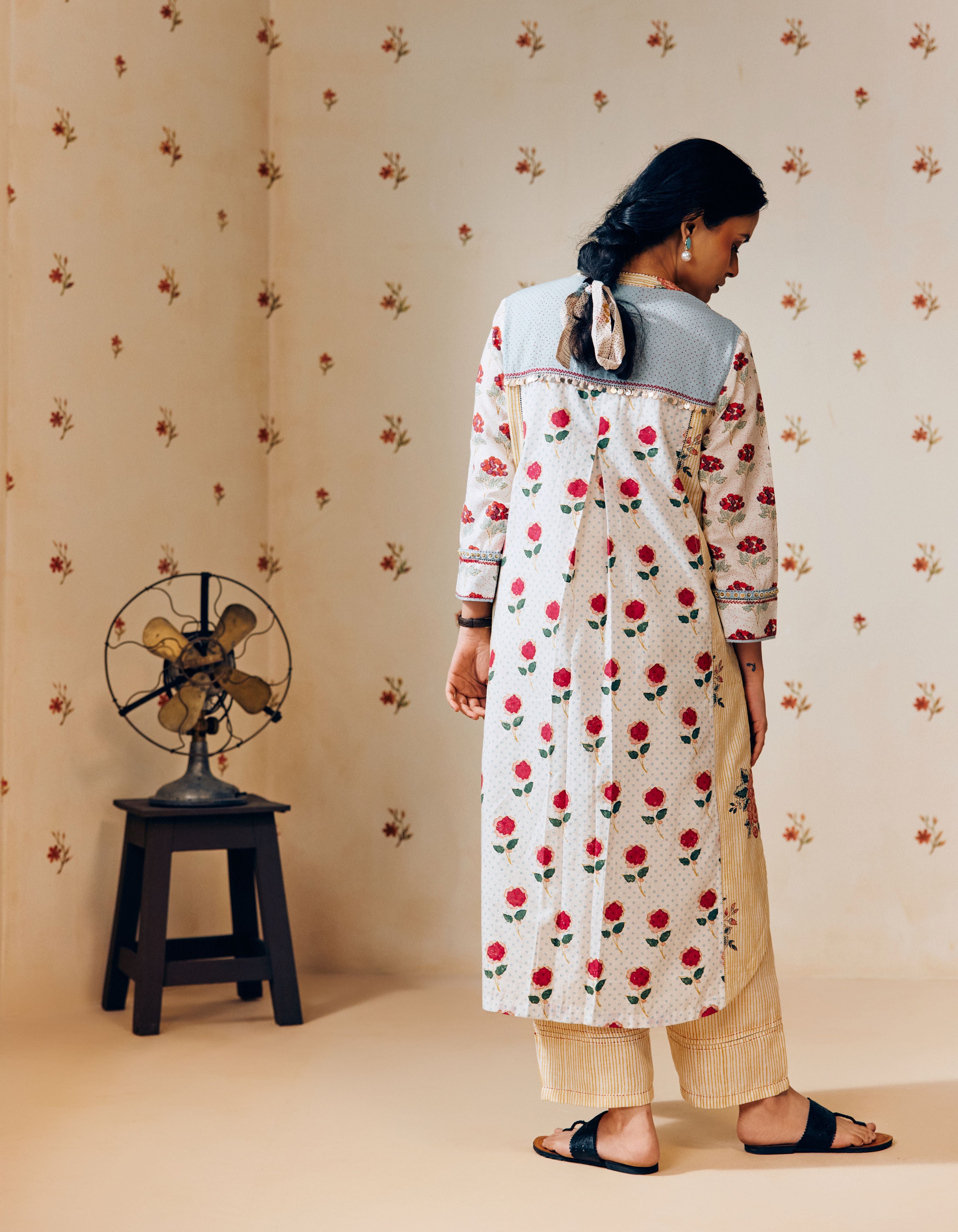 Off White Poppy and Stripes Print Mia Kurta Set