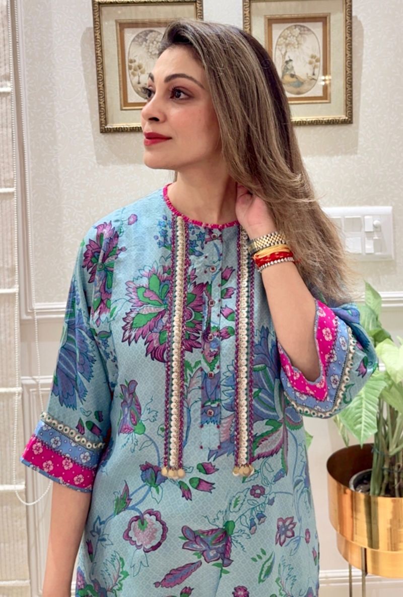 Meghna Nayyar in Blue Hand Printed Kaftan Cut Eden Kurta Set