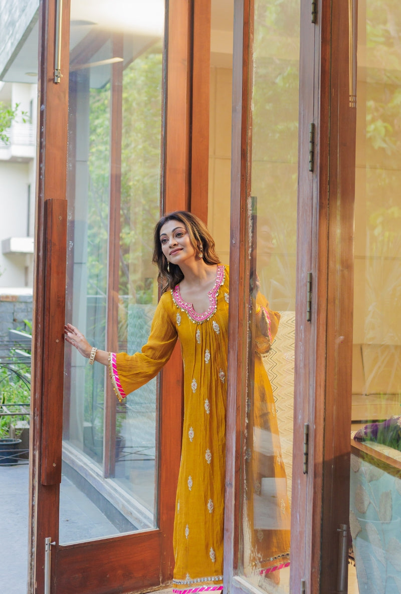 Meghna Nayyar in Mustard Embroidered Neck Front Gather Kurta Set