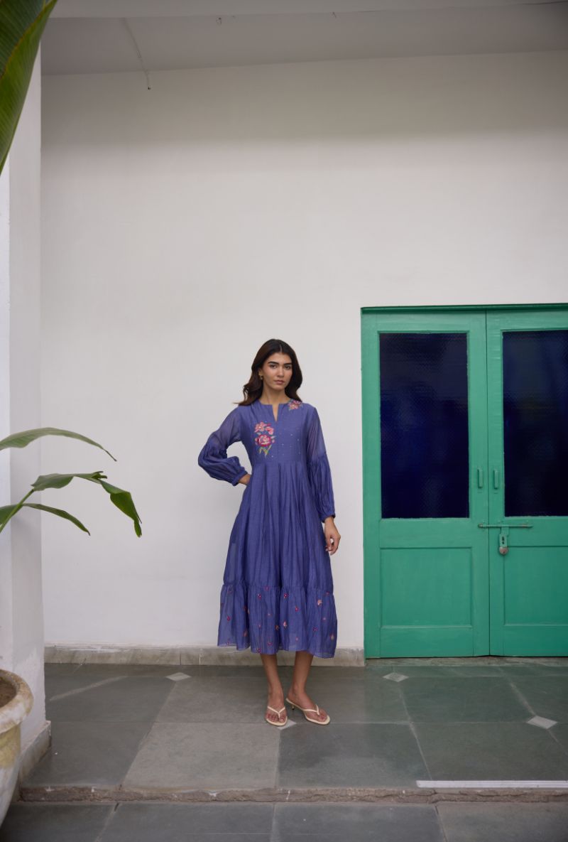Blue Floral Embroidered Yoke Vaidehi Dress