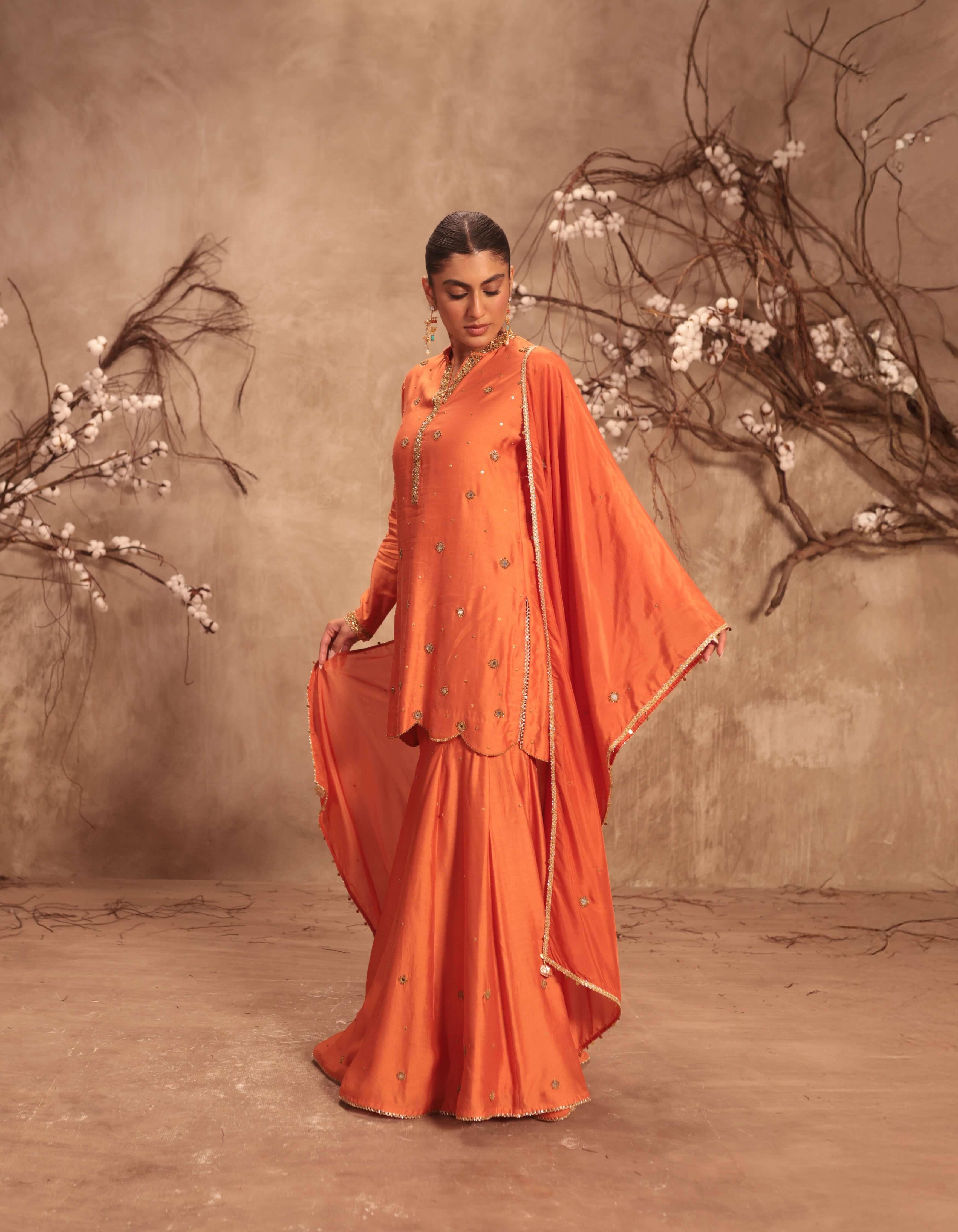 Orange Mirror Work Rani Sharara Set