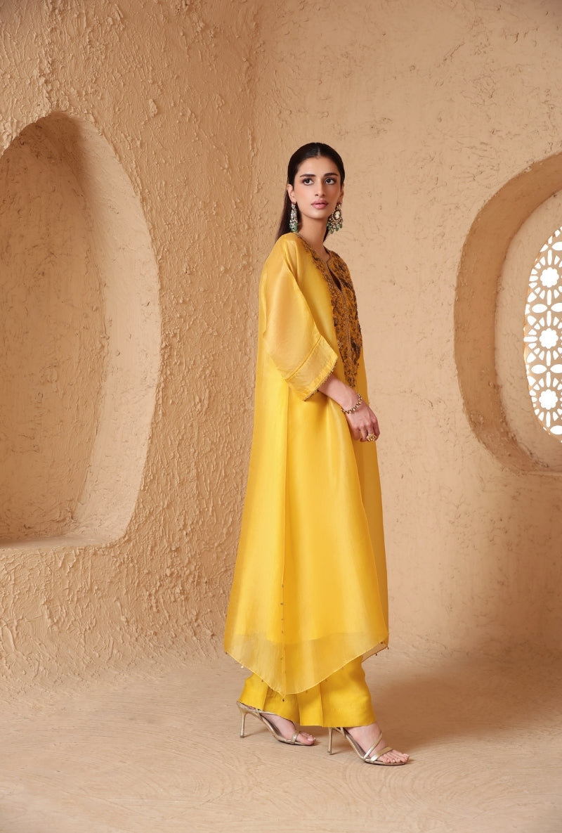 Yellow Heavy Yoke Kaftan Nihira Kurta Set