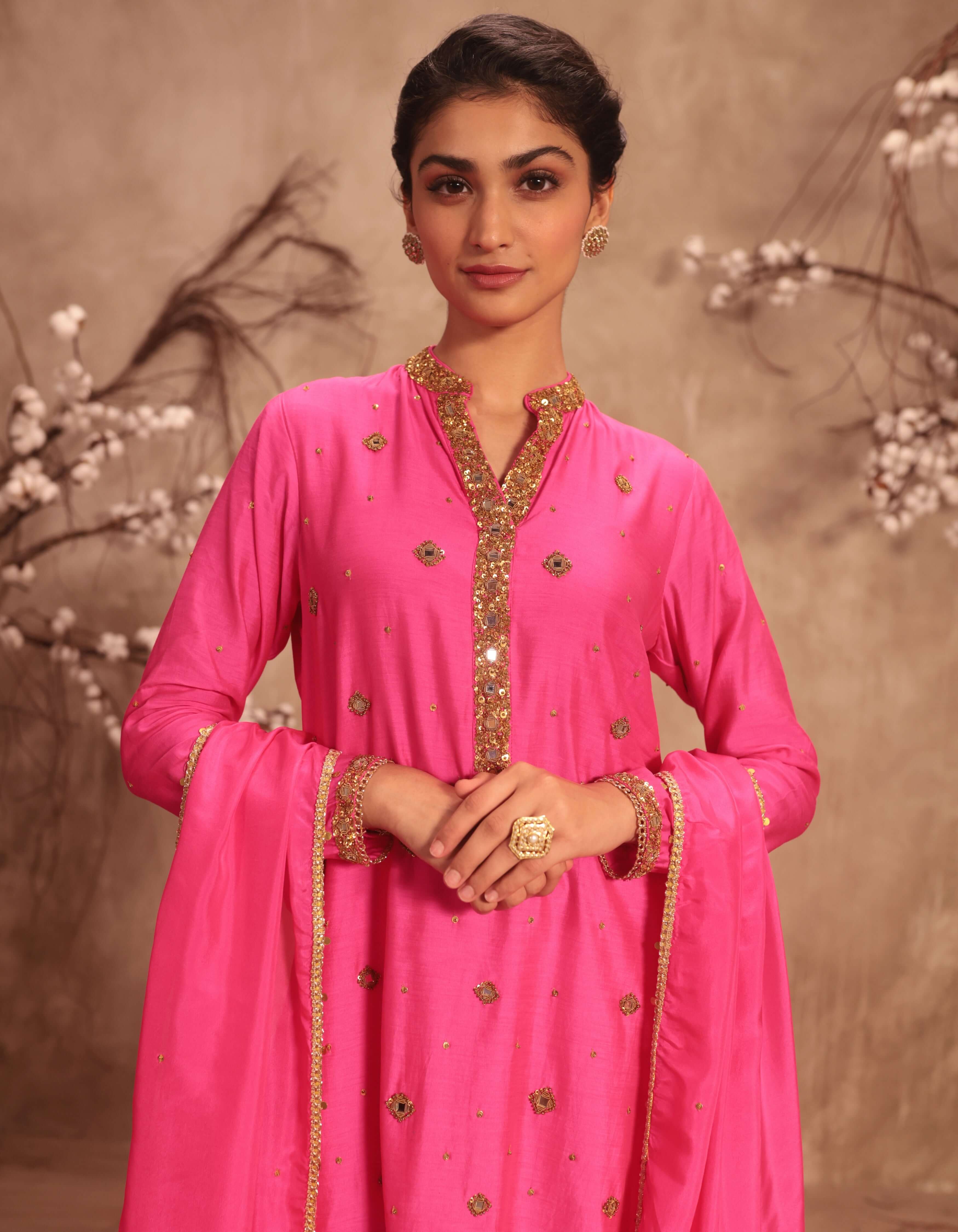 Hot Pink Mirror Work Rani Sharara Set