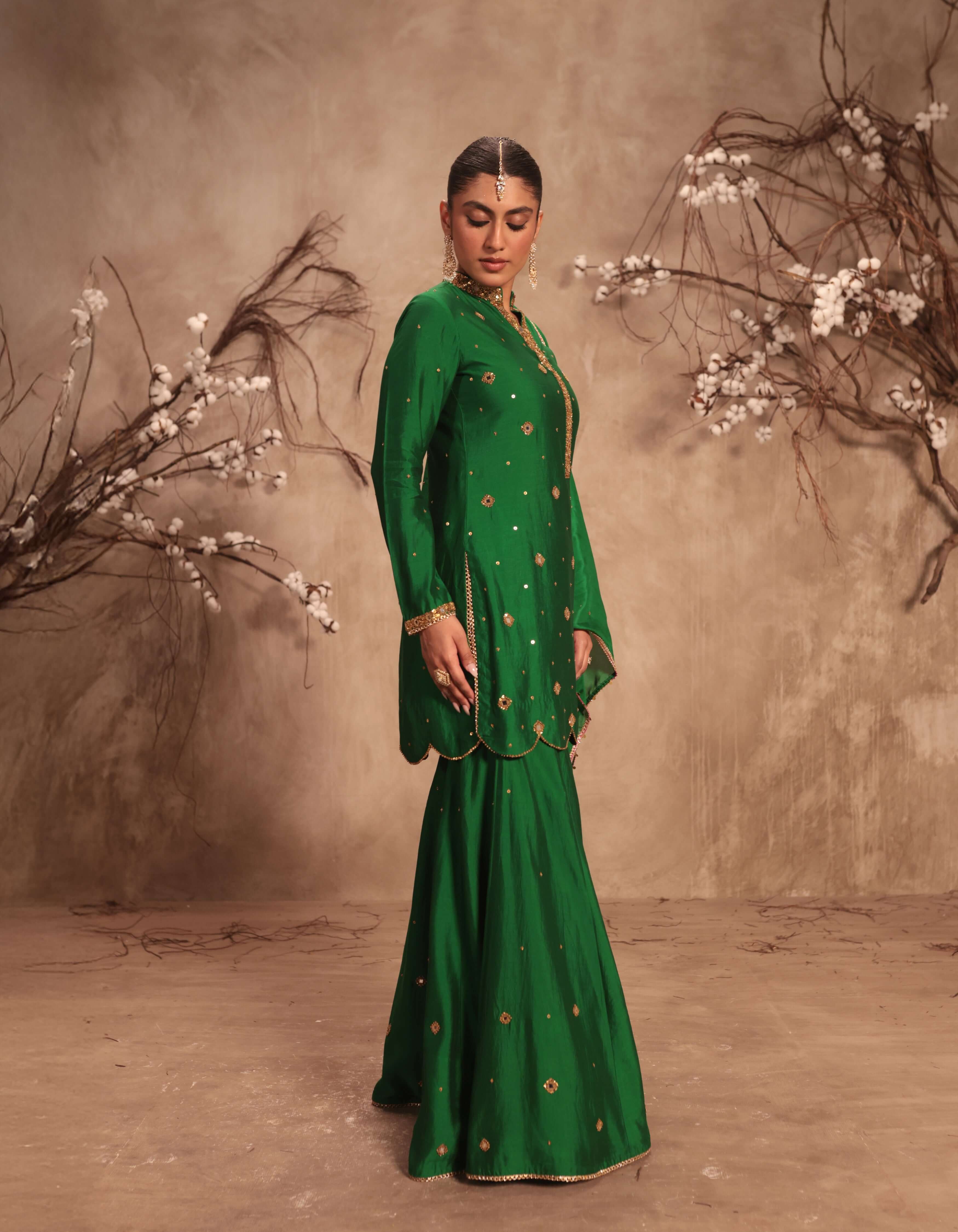 Green Mirror Work Rani Sharara Set