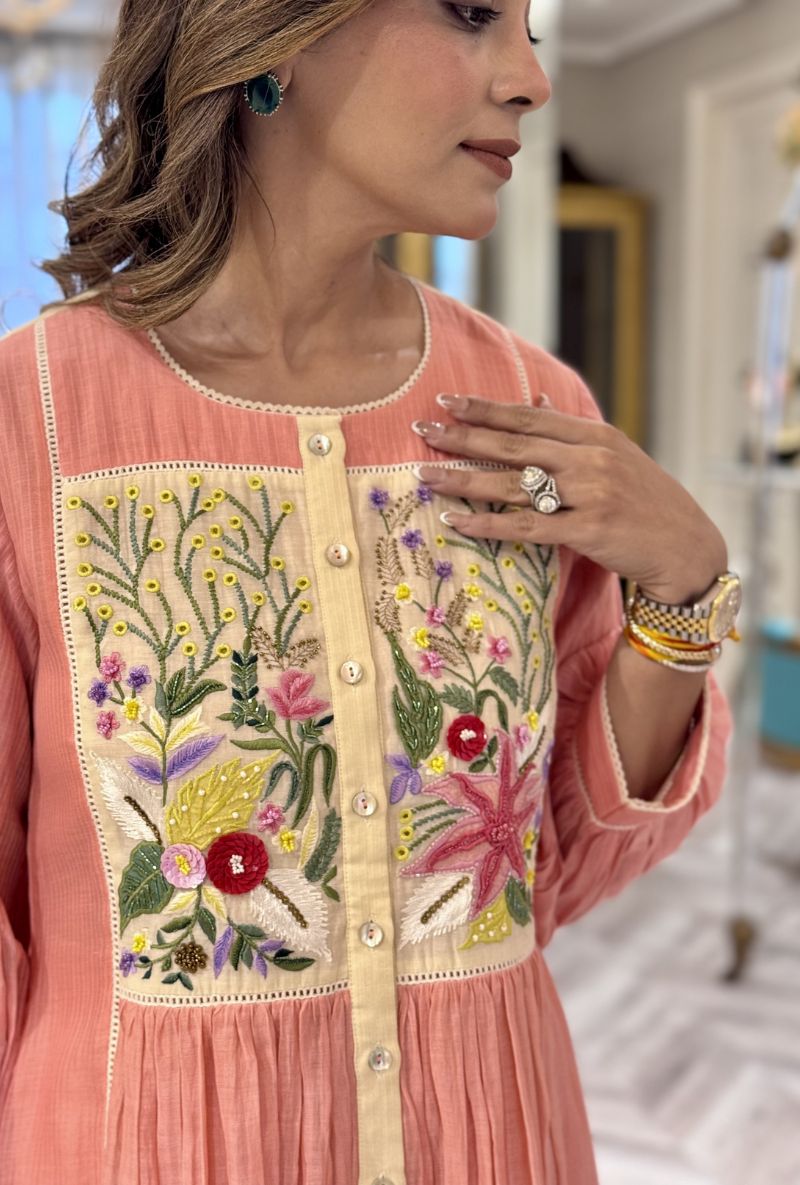 Meghna Nayyar in Peach Embroidered Yoke Jasmine Maple Dress Set