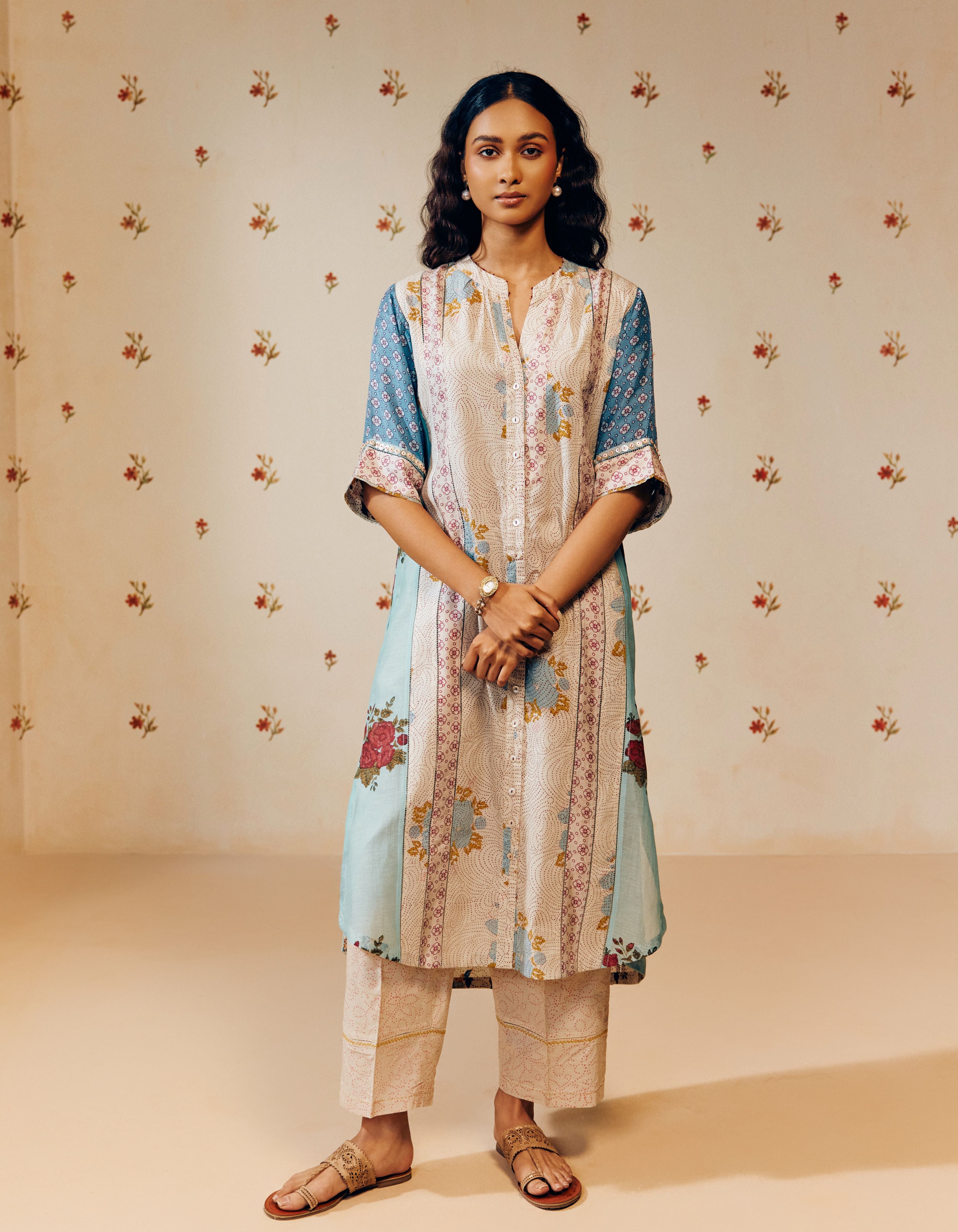 Blue and Off White Front Button Placket Hand Block Printed Multi Panel Mia Kurta Set
