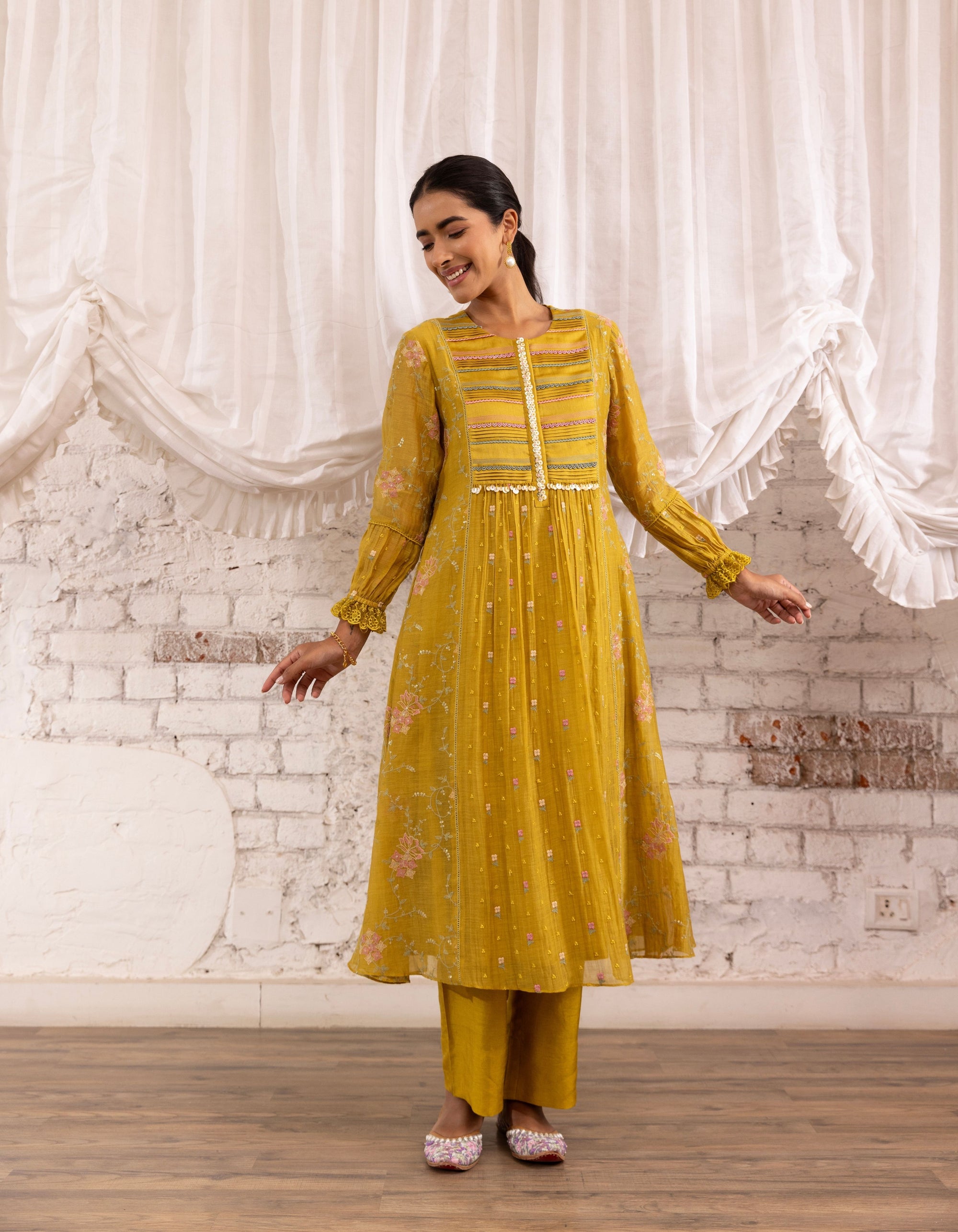 Mustard Threadwork Long Yoke Noor Kurta Set