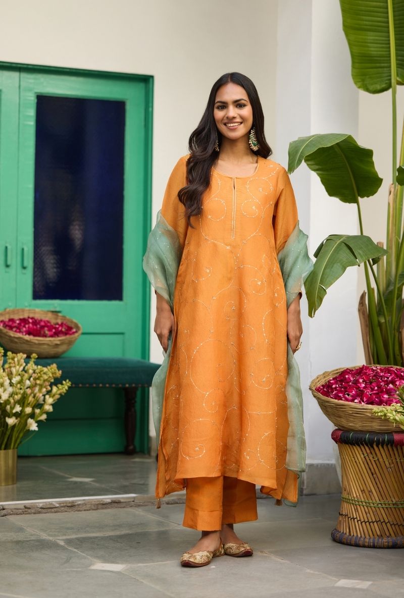 Orange All Over Zari &amp; Dabka Work Urvi Kurta Set