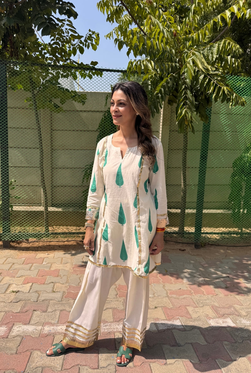 Meghna Nayyar in Cypress Leaf Hand Block Print Farshi Set
