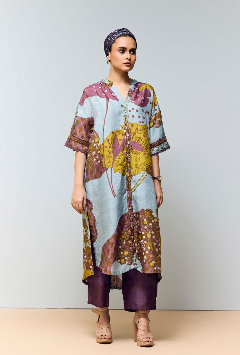Grey Blue Full Placket Hand Printed Eden Co-Ord Set