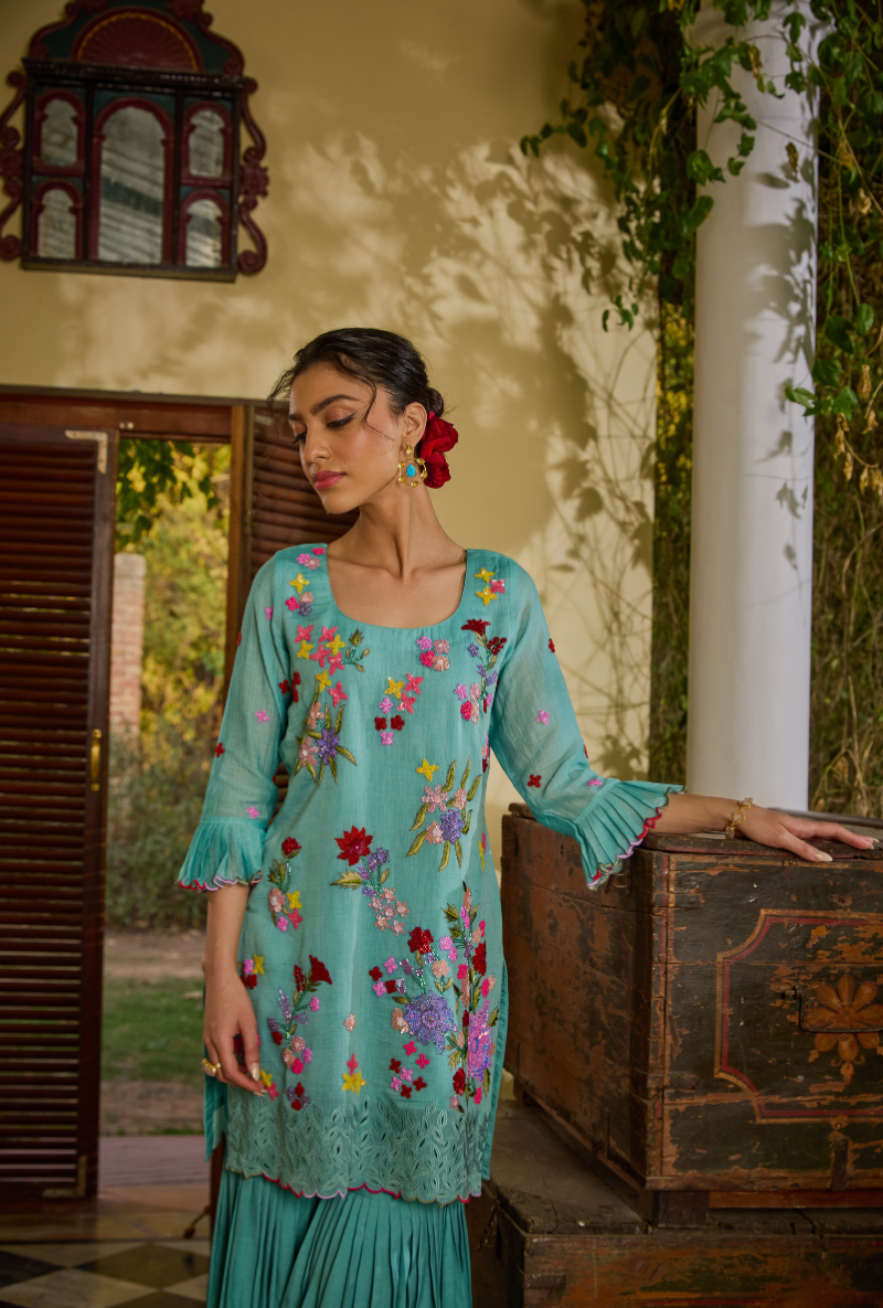 Turquoise Hand Embroidery Cut Work Short Kurta Anaardana Gharara Set