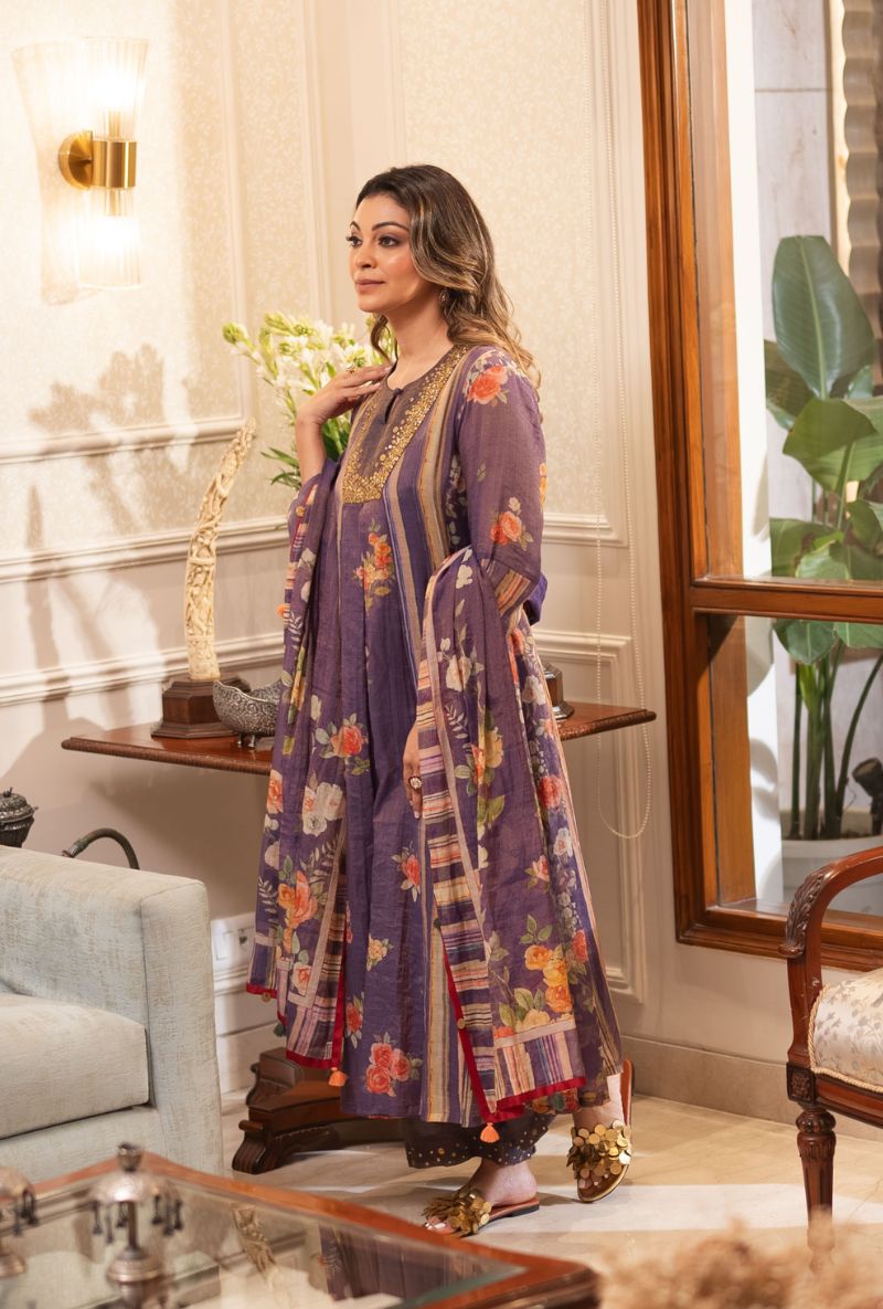 Meghna Nayyar in Purple Sequin Yoke Bageecha Anarkali Set