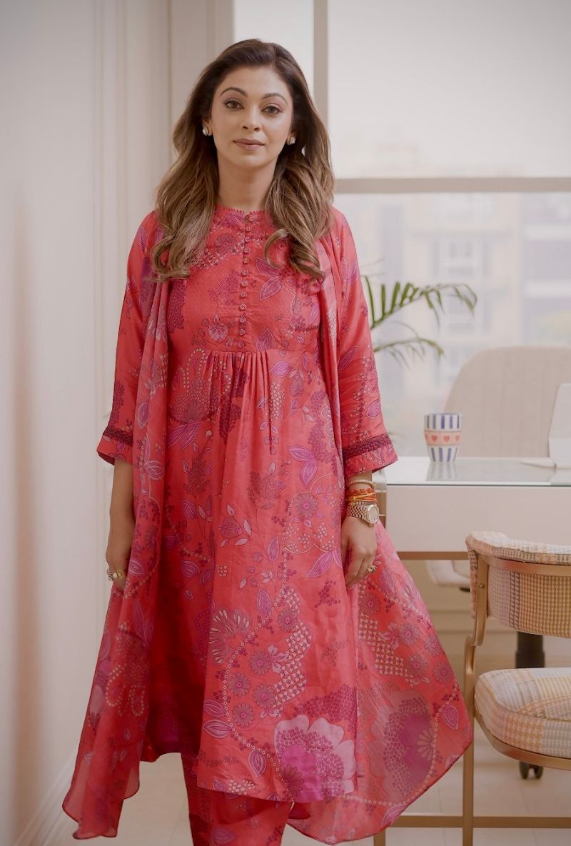 Meghna Nayyar in Tomoato Red Hand Printed Overlay Set