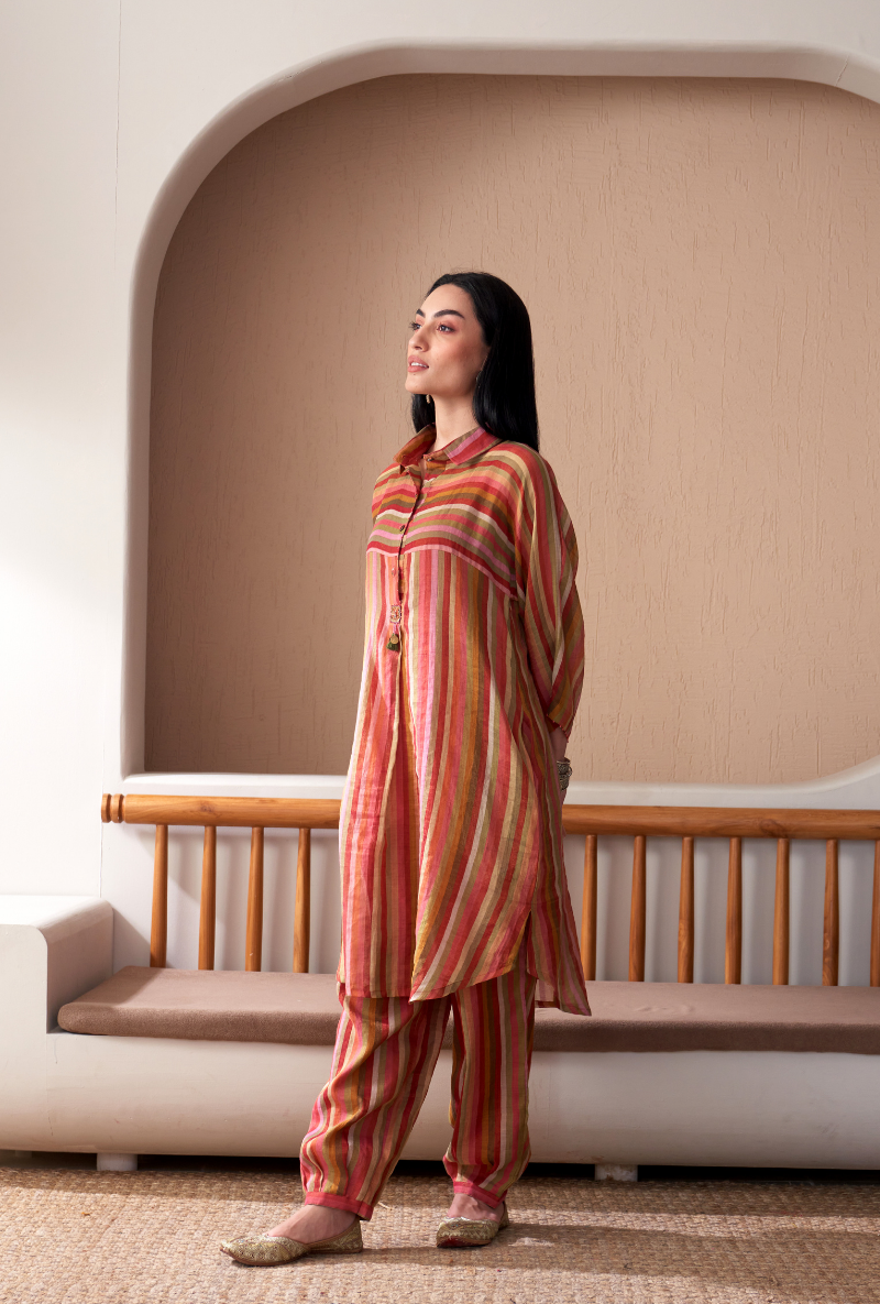 Red Anti Fit Stripe Bageecha Kurta Set