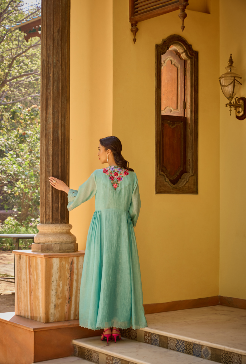 Turquoise Cut Dana And Sequin Cape Anaardana Dress Set