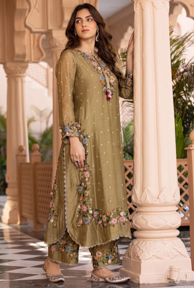 Olive Green Orchid Heavy Long Sahiba Kurta Set