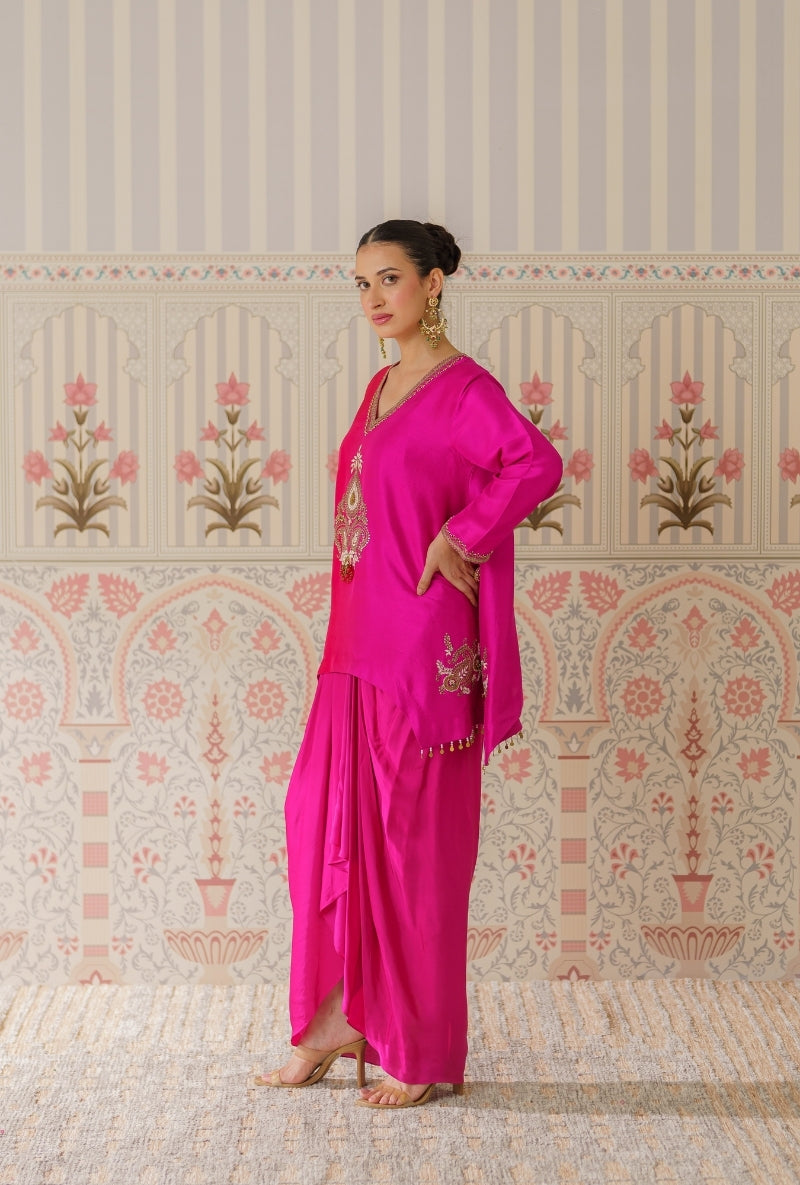 Pink &amp; Red Ombre Motif Hand Embroidery Mallika Kurta Set