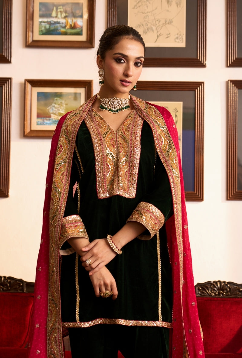 Bottle Green Short Kalidaar Dilbar Farshi Salwar Set