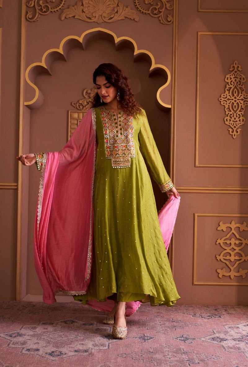 Green Rectangle Gota Yoke Rasia Kurta Set