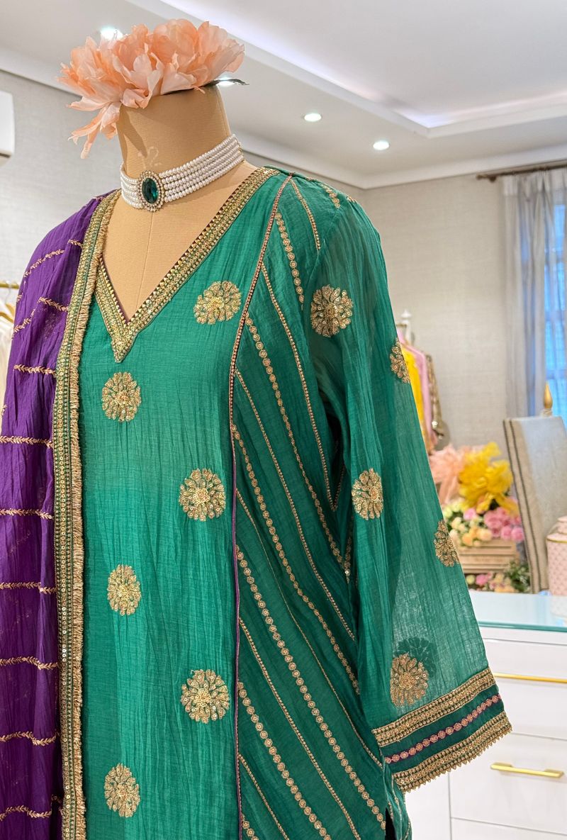 Emerald Green Zari &amp; Sequin Work Kashni Gharara Set