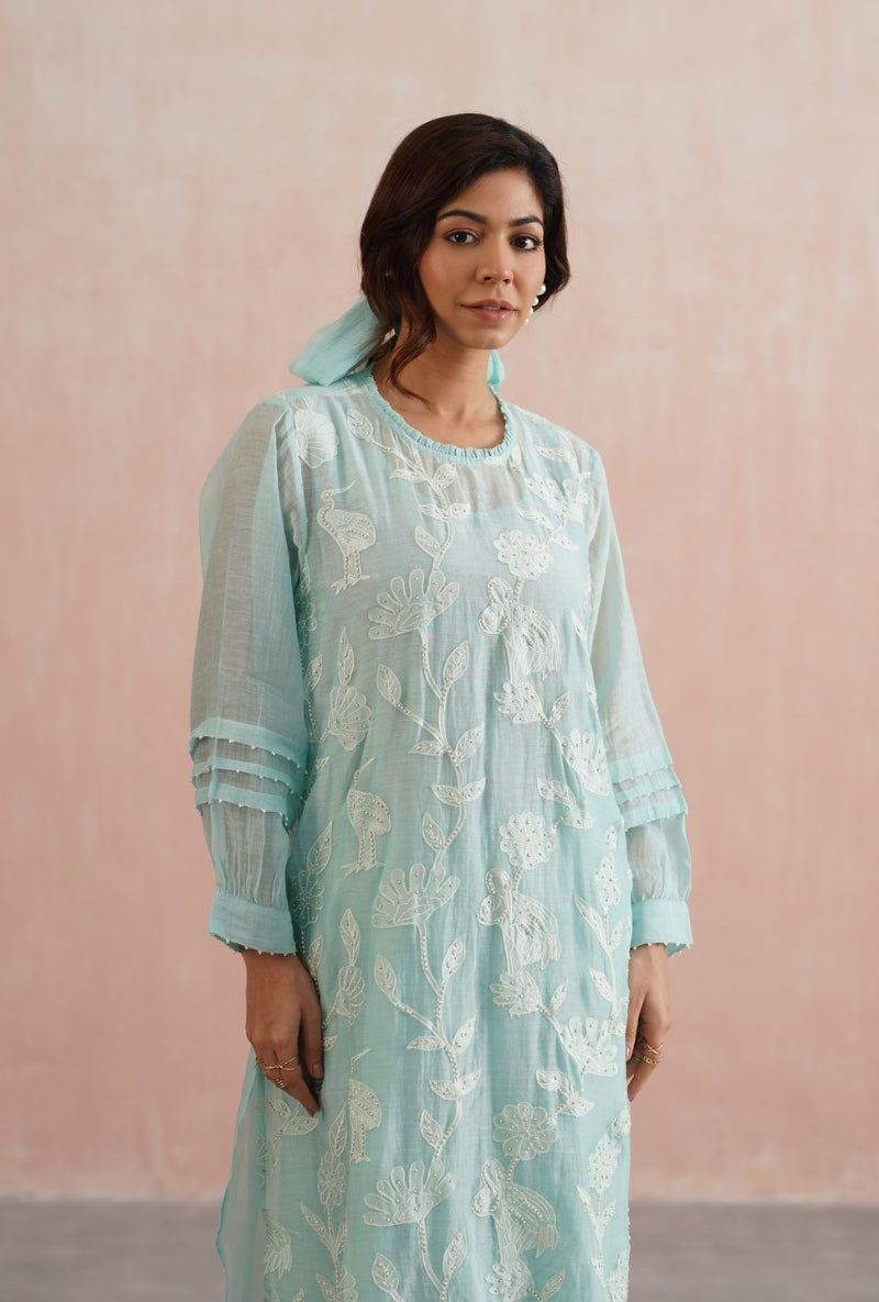 Pale Blue Applique And Pearl Embroidered Prisha Kurta Set