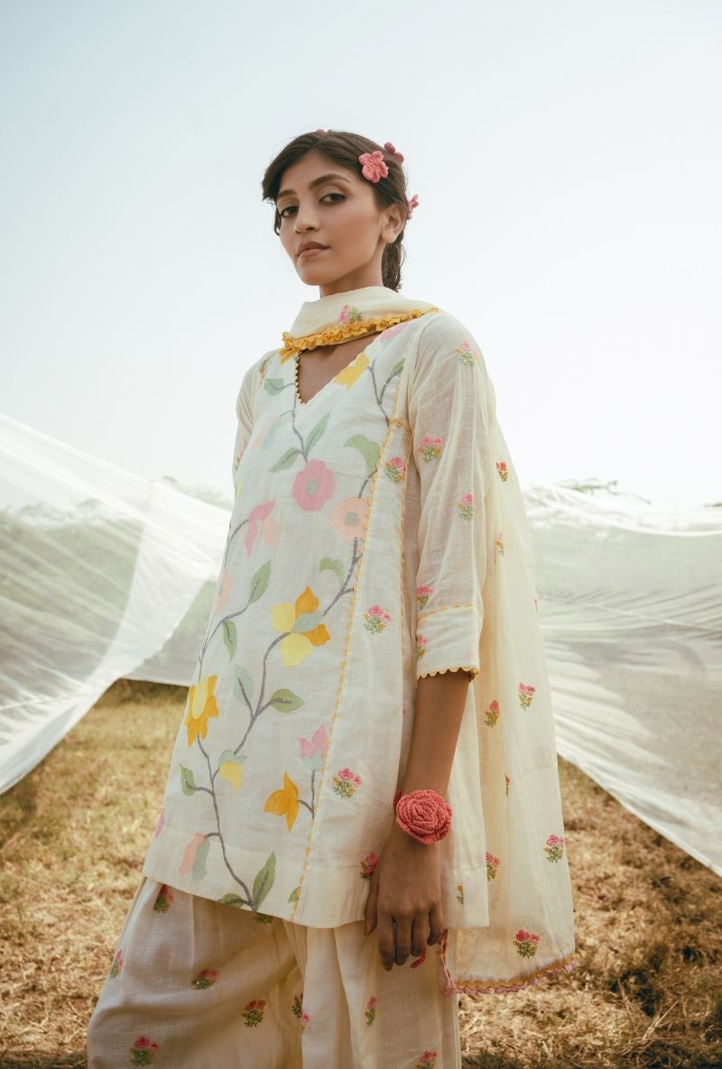 Ivory Floral Motifs Barfi Farshi Salwar Set