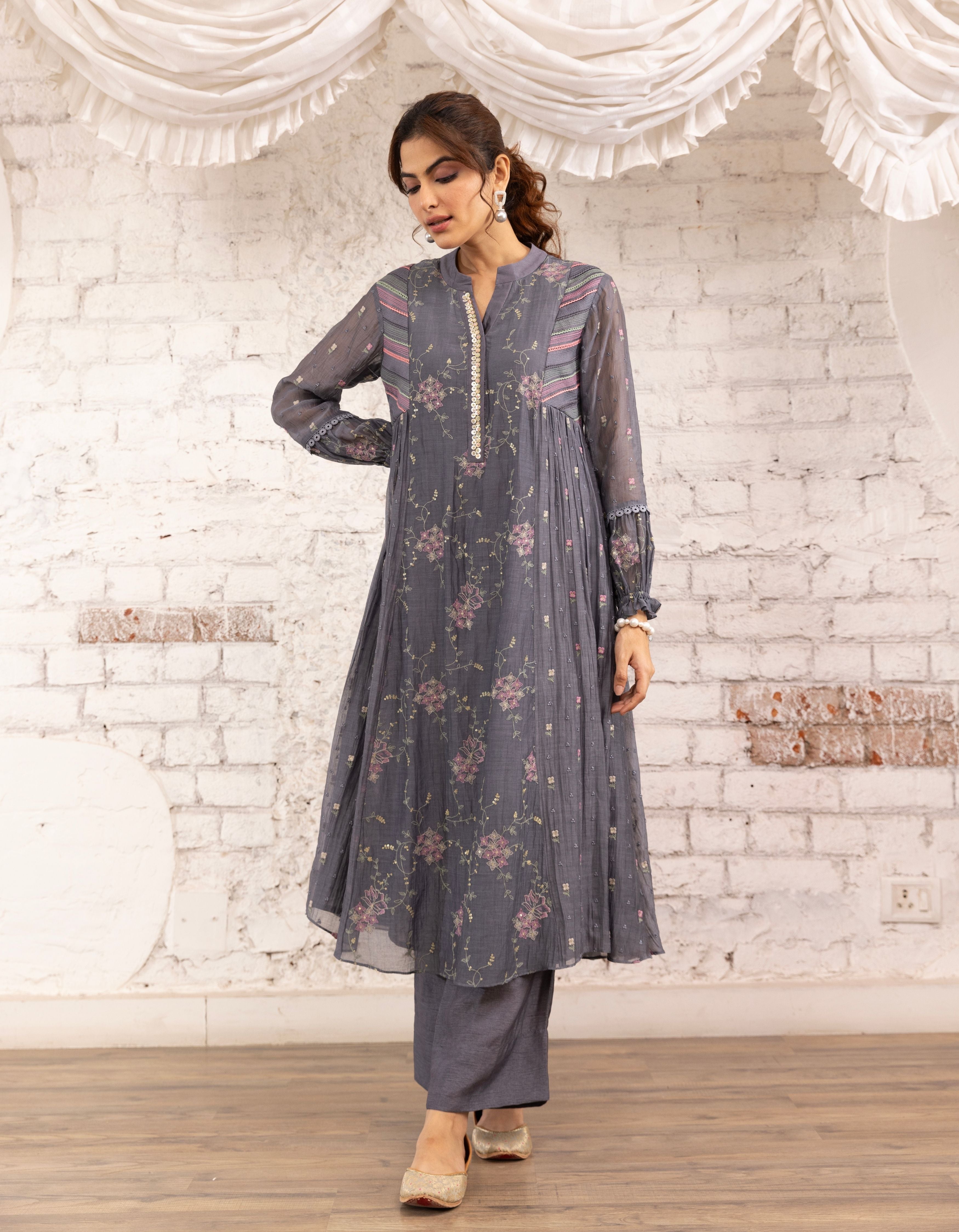 English Blue Side Gather Noor Kurta Set