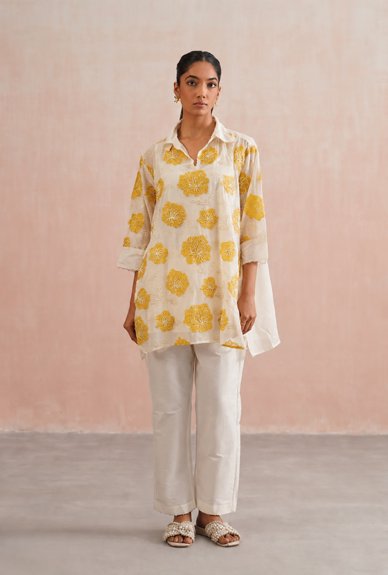 Yellow Applique And Pearl Embroidered Oversized Prisha Co-ord Set