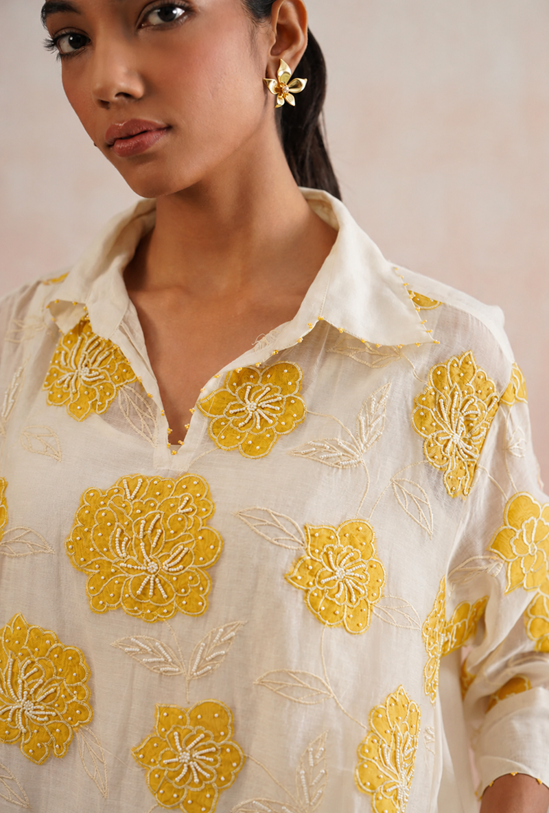 Yellow Applique And Pearl Embroidered Oversized Prisha Co-ord Set