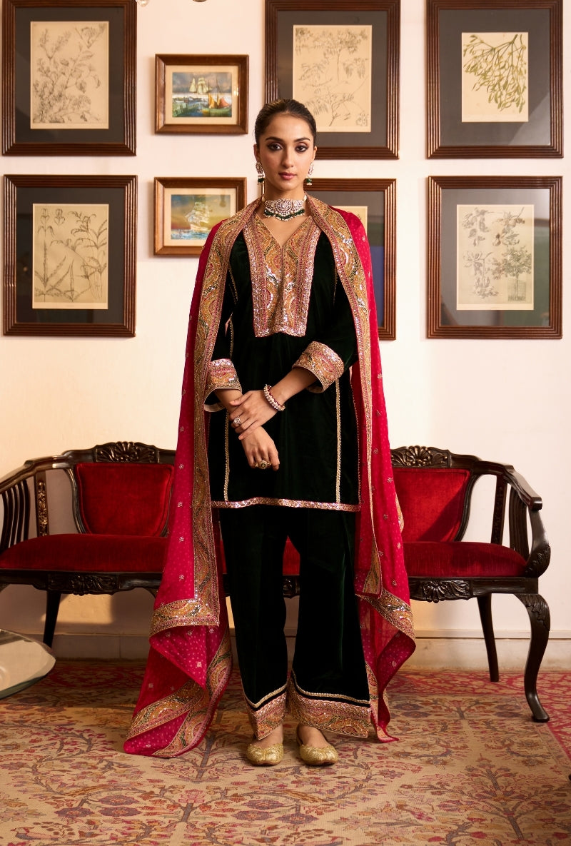 Bottle Green Short Kalidaar Dilbar Farshi Salwar Set