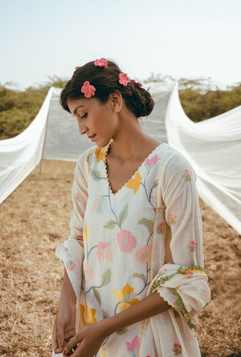 Ivory Floral Motifs Barfi Farshi Salwar Set