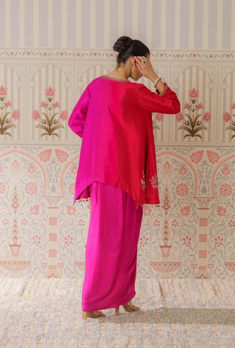 Pink &amp; Red Ombre Motif Hand Embroidery Mallika Kurta Set