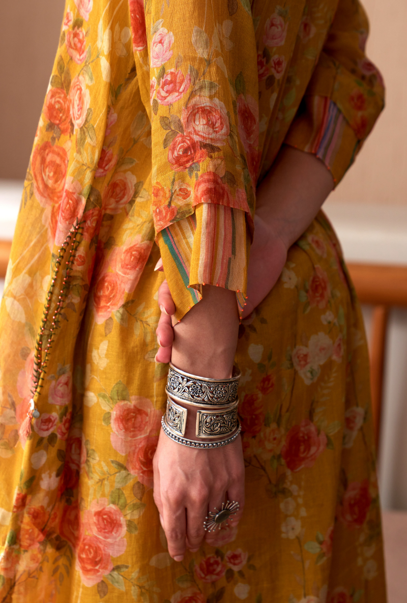 Mustard Floral Jaal Print Bageecha Kurta Set